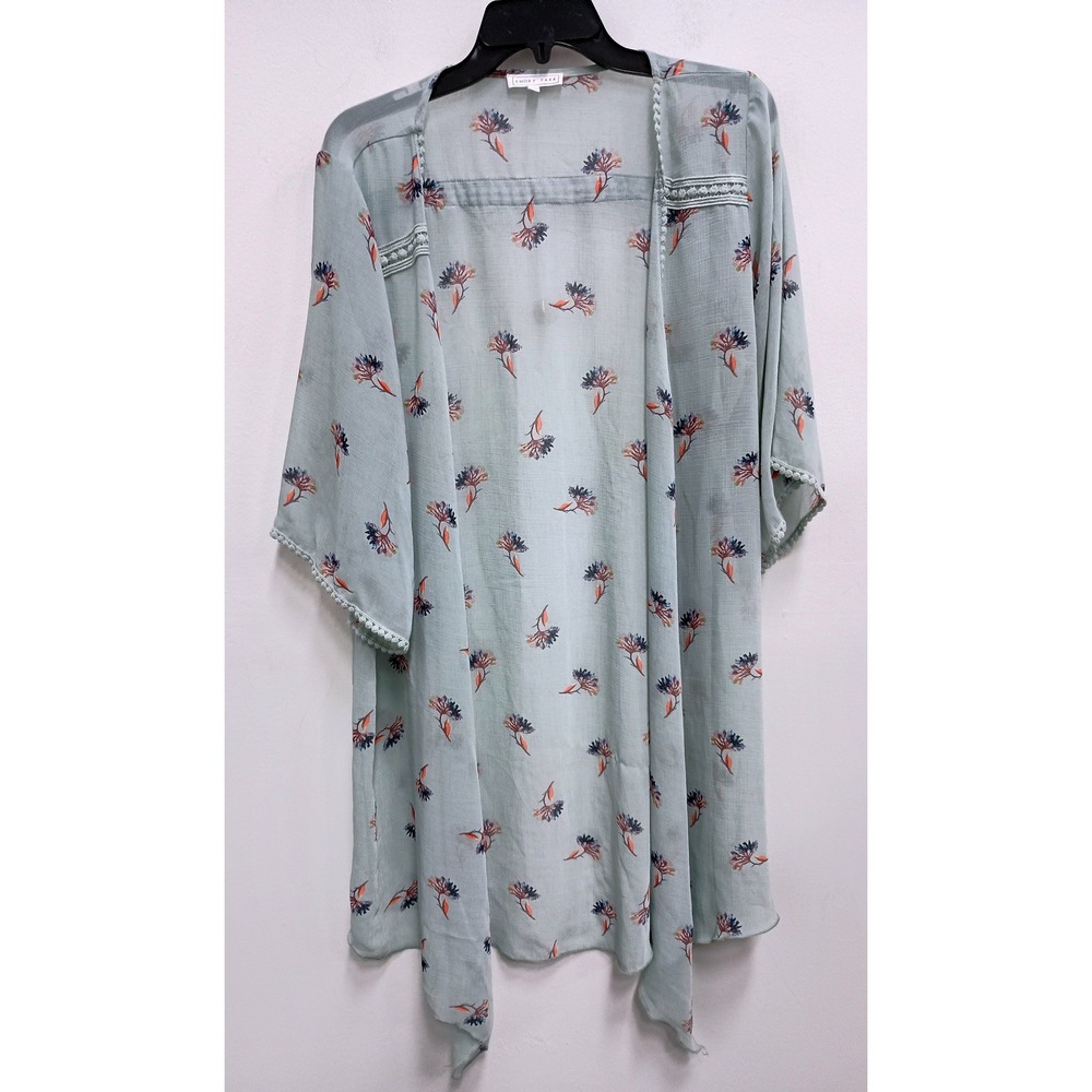 Emory Park BOHO Kimono Duster‎ Womens Large Blue Floral Sheer Open Pom Trim